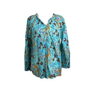 A.L.C. Women's Size Large B Top Blue Floral Print Boho Cotton Top Blouse Shirt